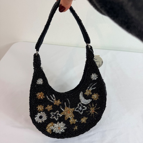 New Handcrafted Black Beaded Crescent Moon Star Purse Bag Handcrafted India NWT - Picture 9 of 11